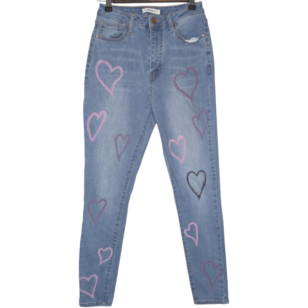 Forever 21 Hi Rise Light Wash Blue Skinny Jeans w/ Pink & Purple Hearts Size 28